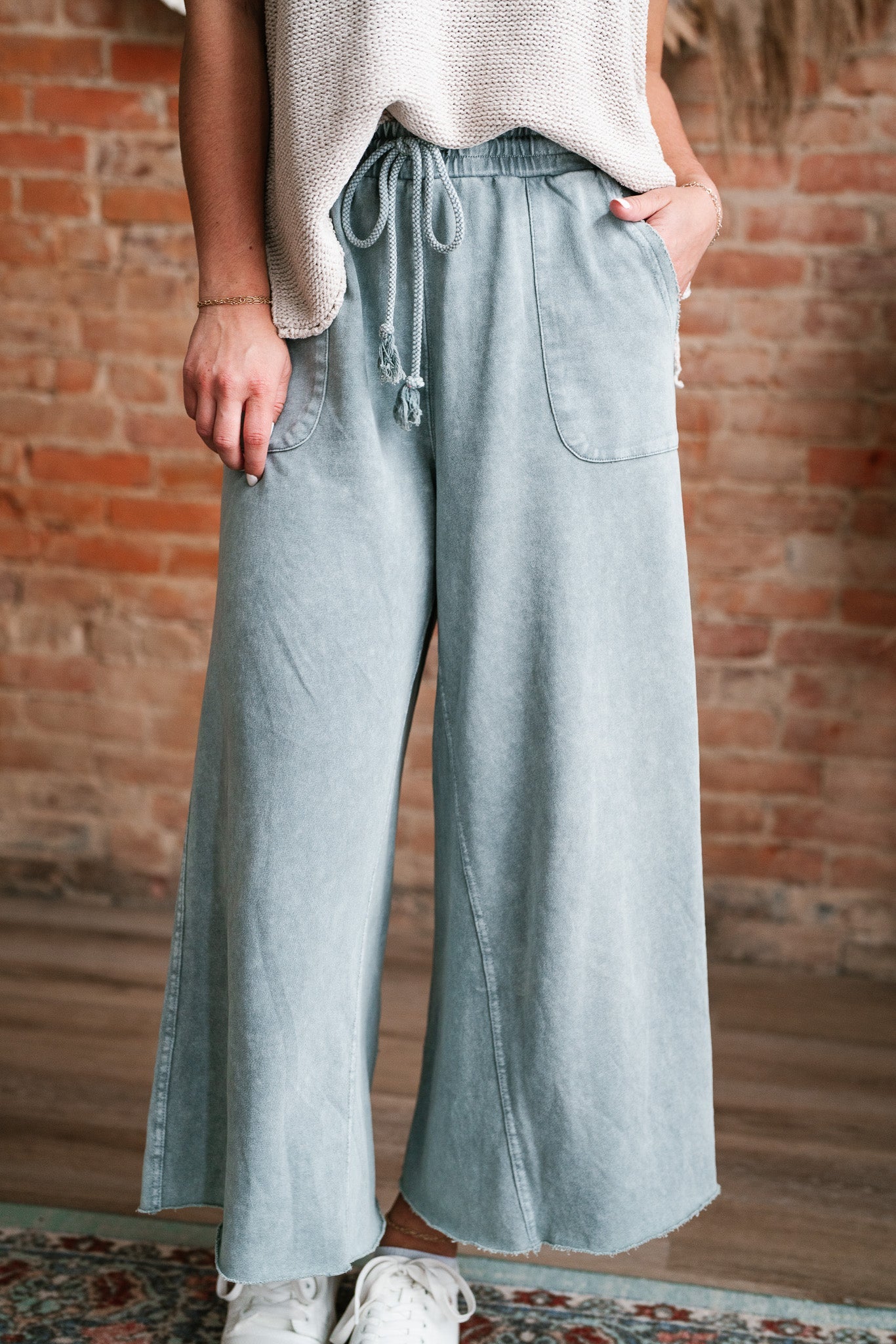 Can't Be Matched Mineral Wash Wide Leg Pants - Faded Teal