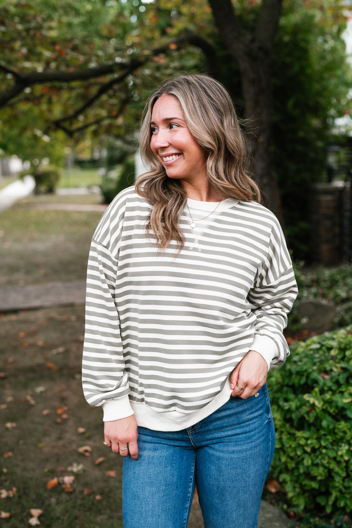 Olive Stripe Relaxed Pullover