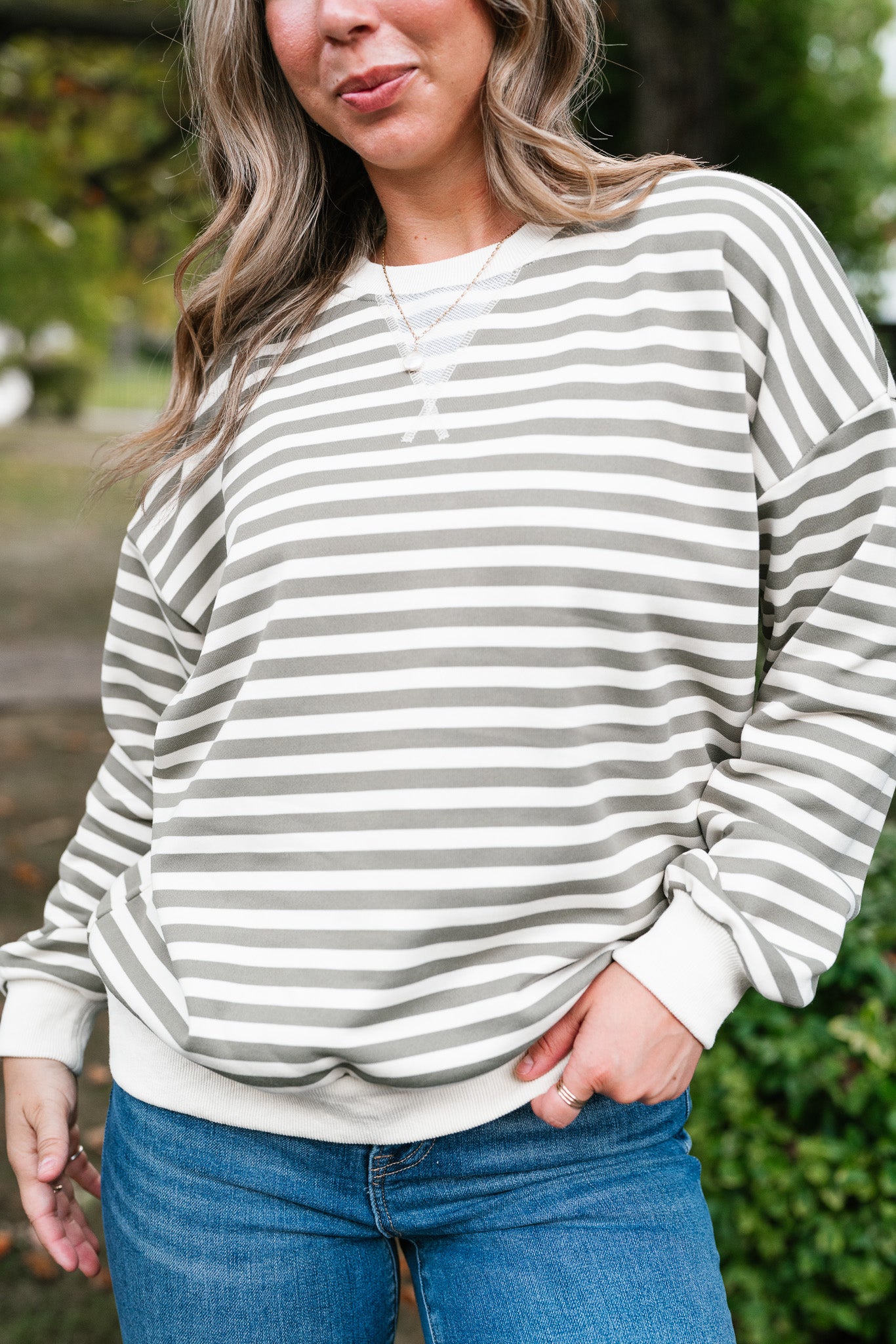 Olive Stripe Relaxed Pullover