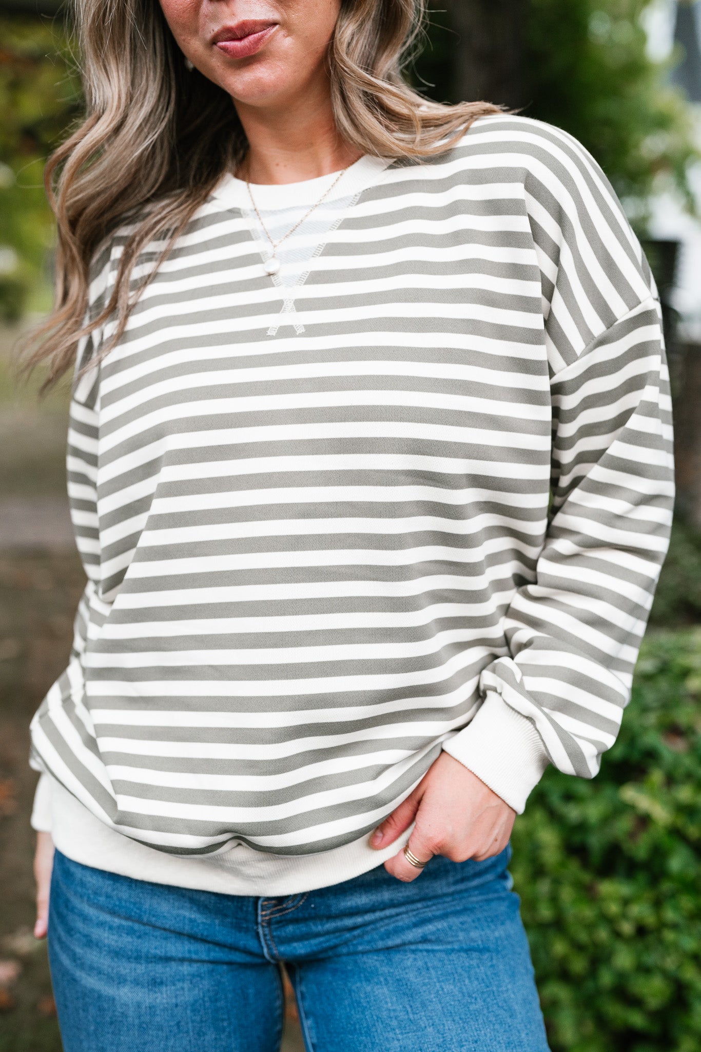 Olive Stripe Relaxed Pullover
