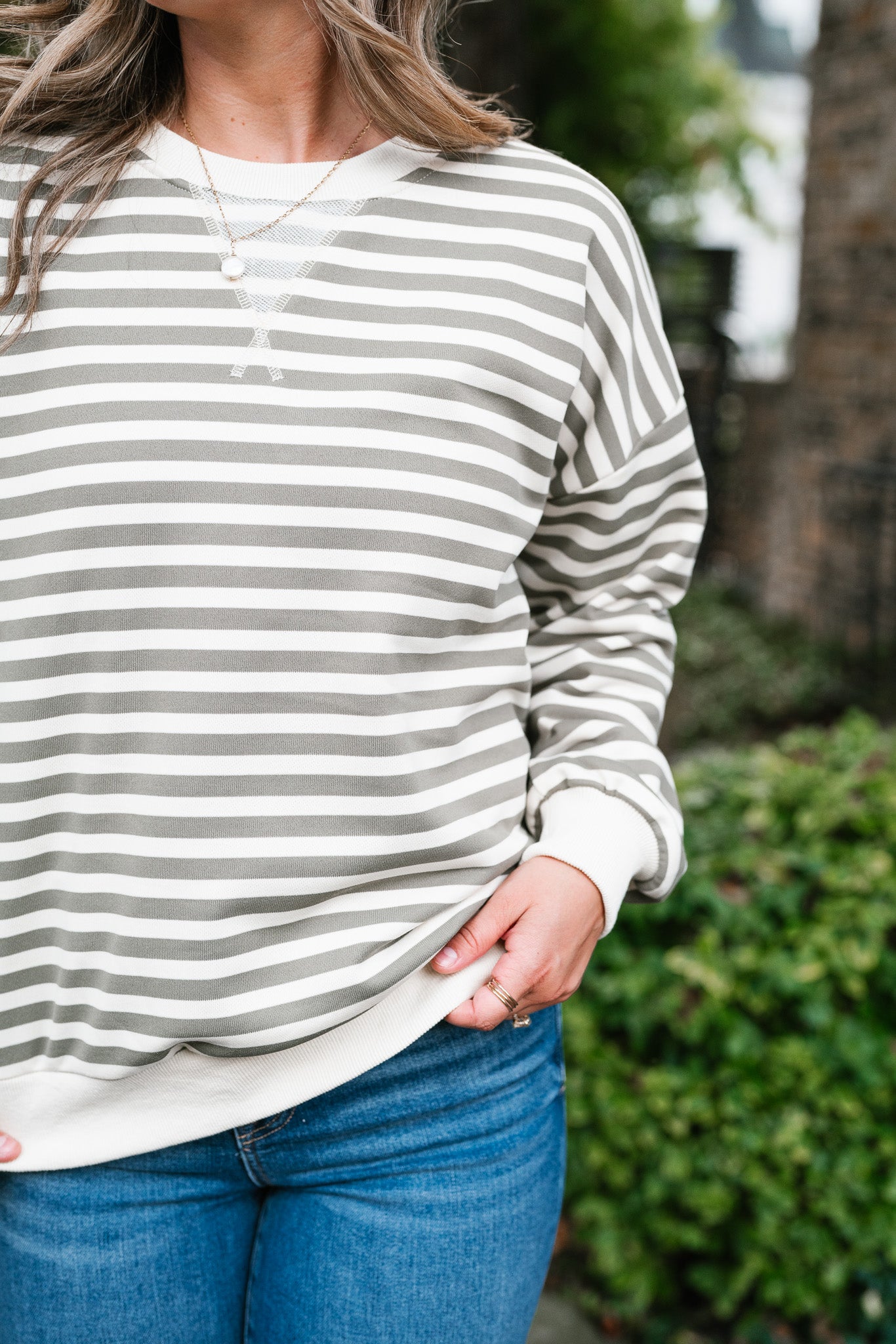 Olive Stripe Relaxed Pullover
