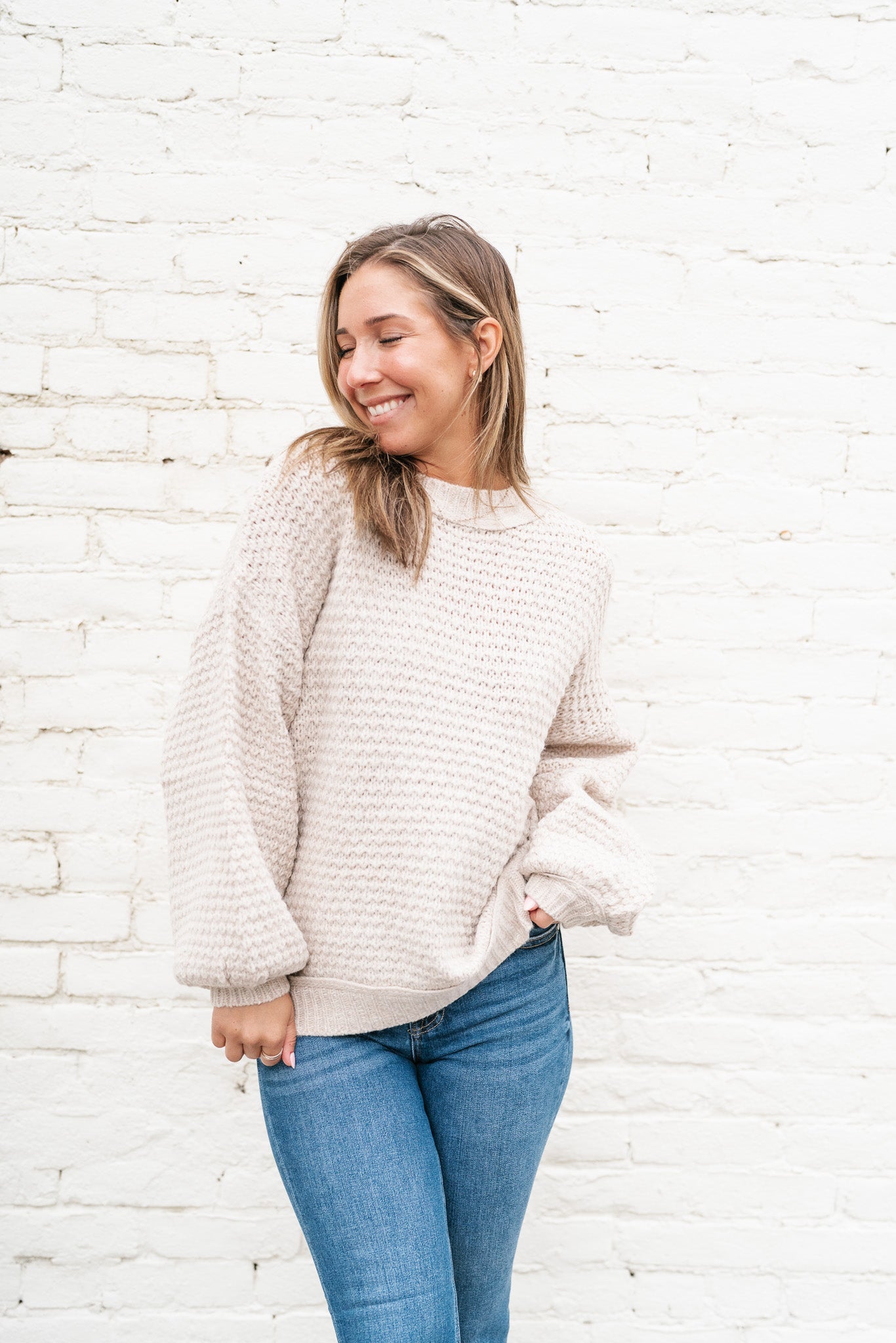 Neutral Time Bubble Sleeve Sweater
