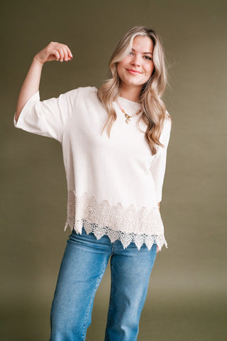 Everly Lace Hem Quarter Sleeve Top - Ecru