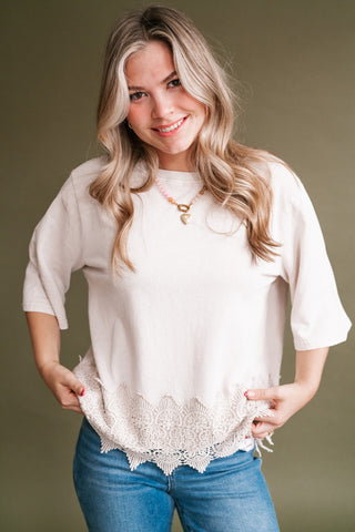 Everly Lace Hem Quarter Sleeve Top - Ecru