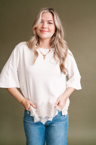 Everly Lace Hem Quarter Sleeve Top - Ecru