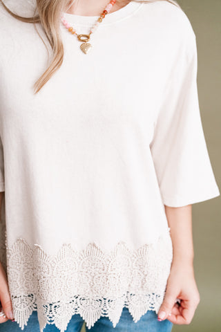 Everly Lace Hem Quarter Sleeve Top - Ecru