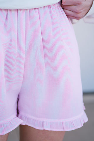Harbor Pinstriped Ruffle Hem Shorts
