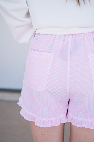 Harbor Pinstriped Ruffle Hem Shorts