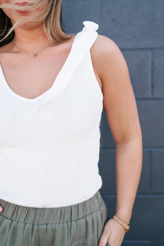 Knotted Shoulder Ribbed Sweater Tank - Off White
