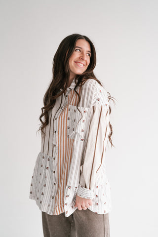 Golden Song Patchwork Button-Up Blouse