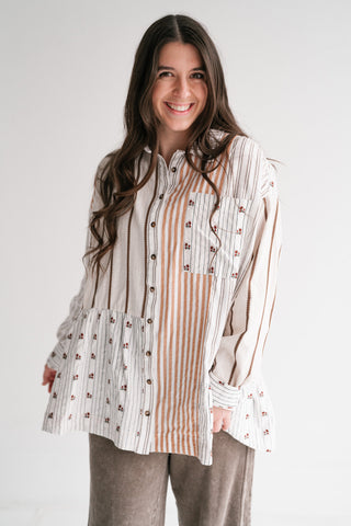 Golden Song Patchwork Button-Up Blouse