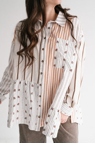 Golden Song Patchwork Button-Up Blouse