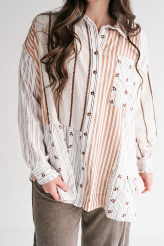 Golden Song Patchwork Button-Up Blouse