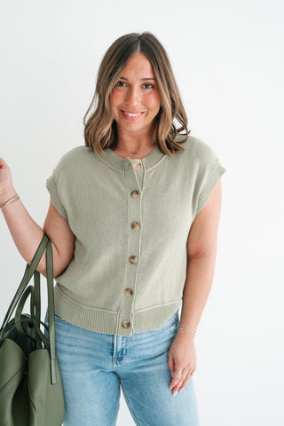 Nina Button Down Sweater Top - Olive