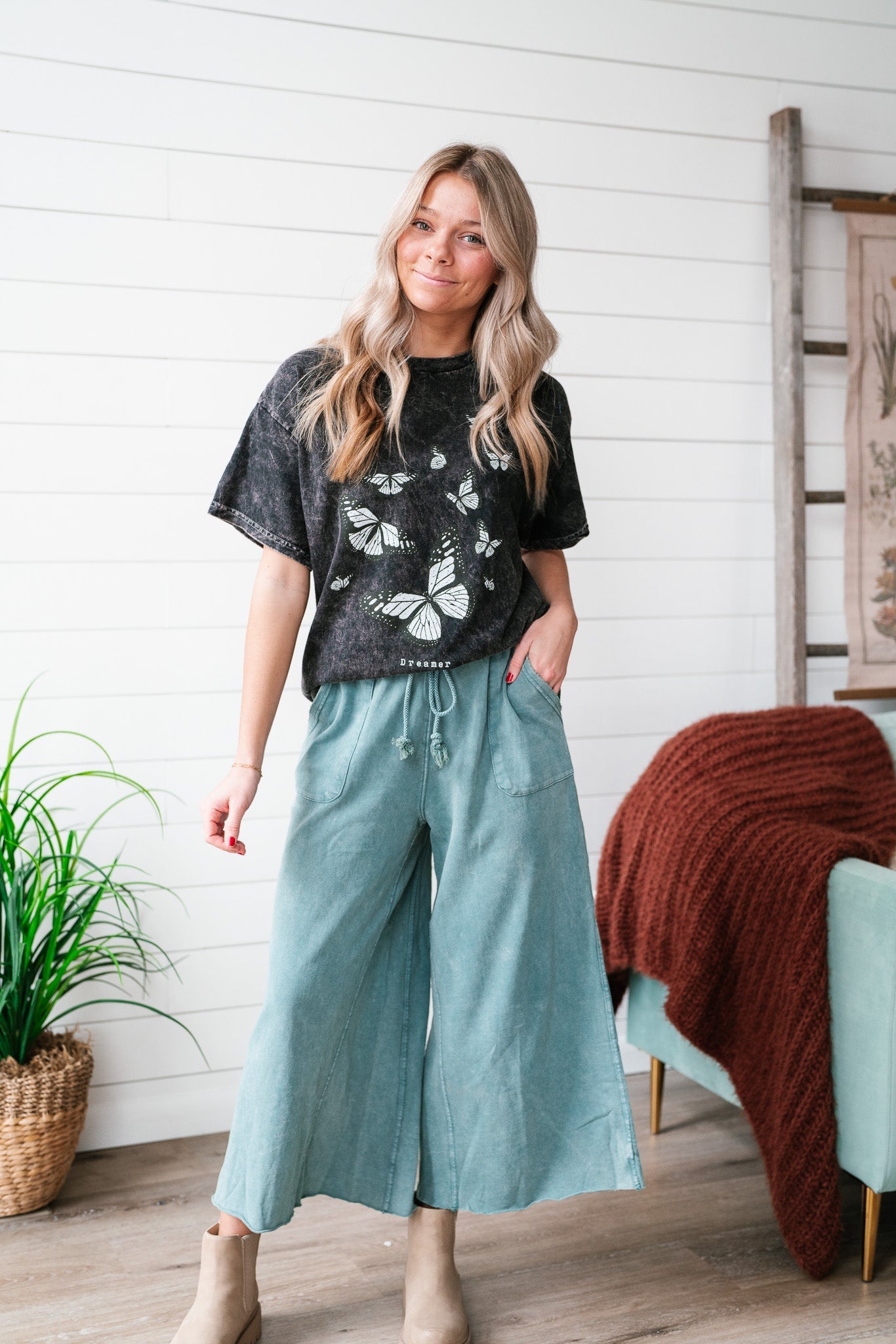 Can't Be Matched Mineral Wash Wide Leg Pants - Teal