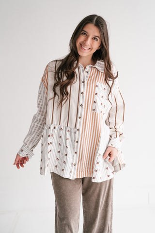 Golden Song Patchwork Button-Up Blouse