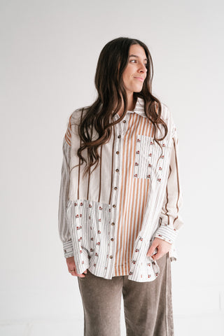 Golden Song Patchwork Button-Up Blouse