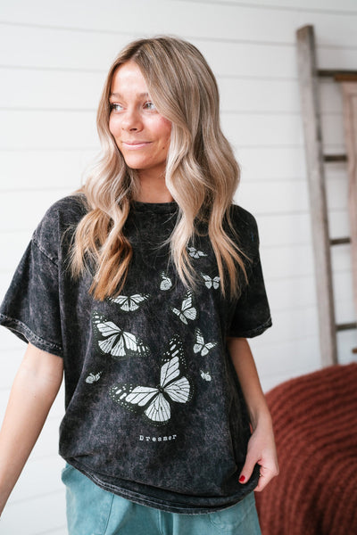 Mineral Wash Butterfly Graphic Tee - Black