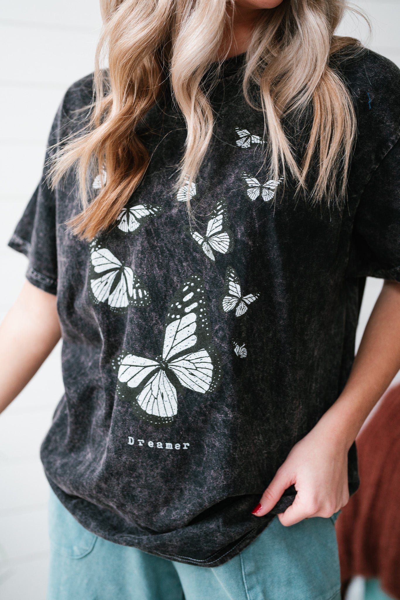 Mineral Wash Butterfly Graphic Tee - Black