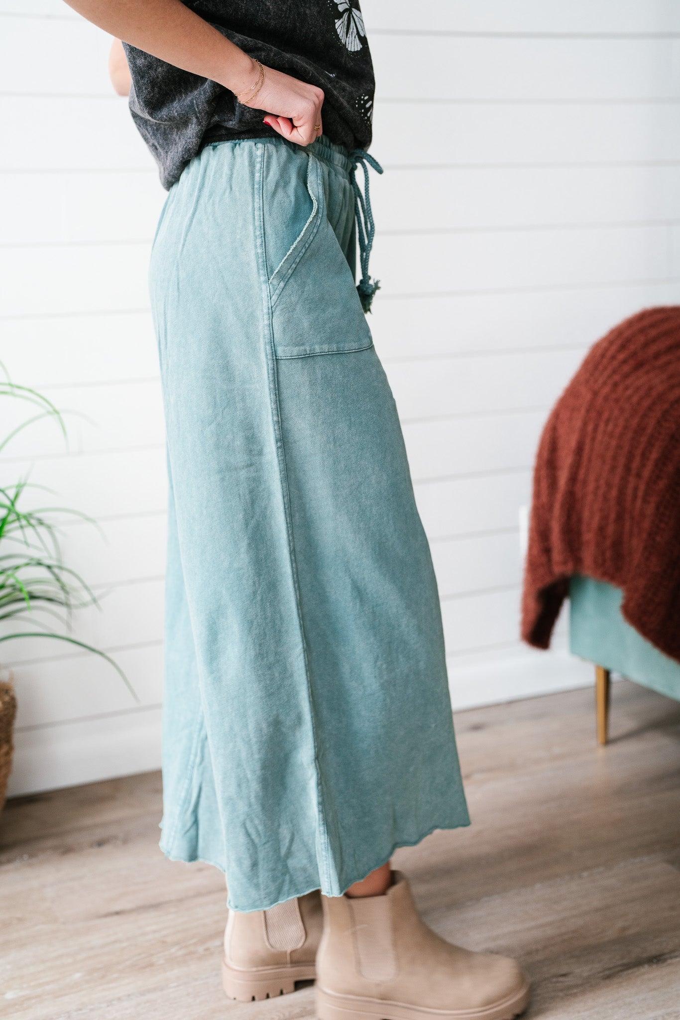 Can't Be Matched Mineral Wash Wide Leg Pants - Teal