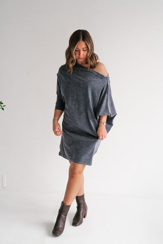 Sundown Off-Shoulder Washed Dolman Sleeve Top - Navy