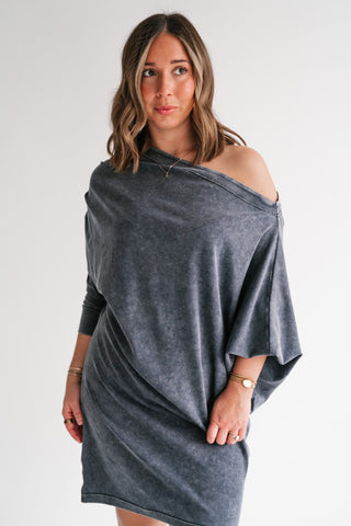 Sundown Off-Shoulder Washed Dolman Sleeve Top - Navy