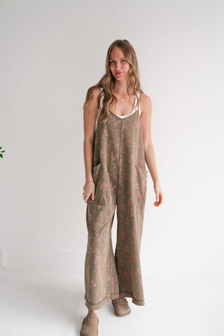 Blossom Trail Floral Wide Leg Jumpsuit - Moss