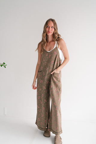 Blossom Trail Floral Wide Leg Jumpsuit - Moss