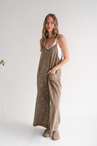 Blossom Trail Floral Wide Leg Jumpsuit - Moss