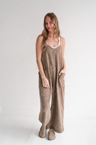 Blossom Trail Floral Wide Leg Jumpsuit - Moss