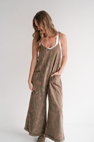 Blossom Trail Floral Wide Leg Jumpsuit - Moss