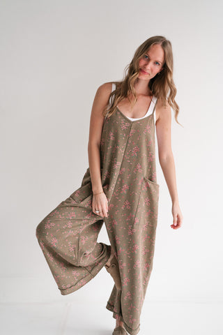 Blossom Trail Floral Wide Leg Jumpsuit - Moss