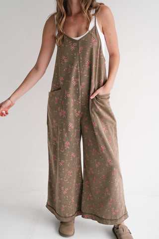 Blossom Trail Floral Wide Leg Jumpsuit - Moss
