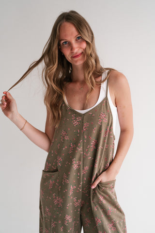 Blossom Trail Floral Wide Leg Jumpsuit - Moss