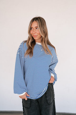 Fine Line Relaxed Striped Everyday Top - Royal Blue