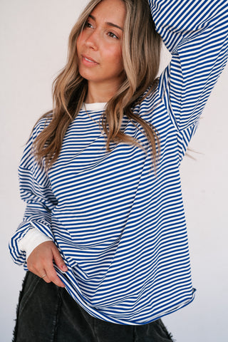 Fine Line Relaxed Striped Everyday Top - Royal Blue