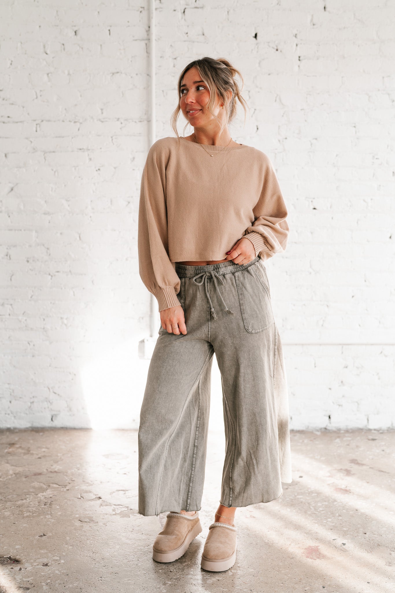 Can't Be Matched Mineral Wash Wide Leg Pants - Olive