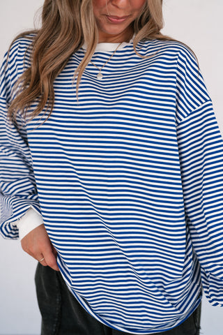 Fine Line Relaxed Striped Everyday Top - Royal Blue