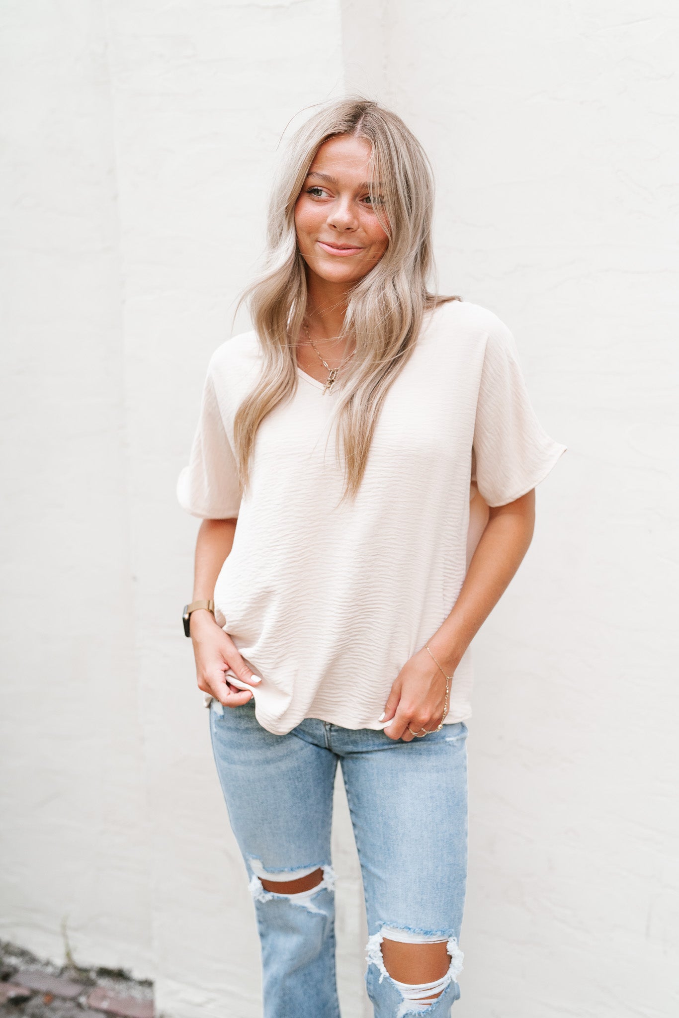 Simply Summer V-Neck Top- Oatmeal