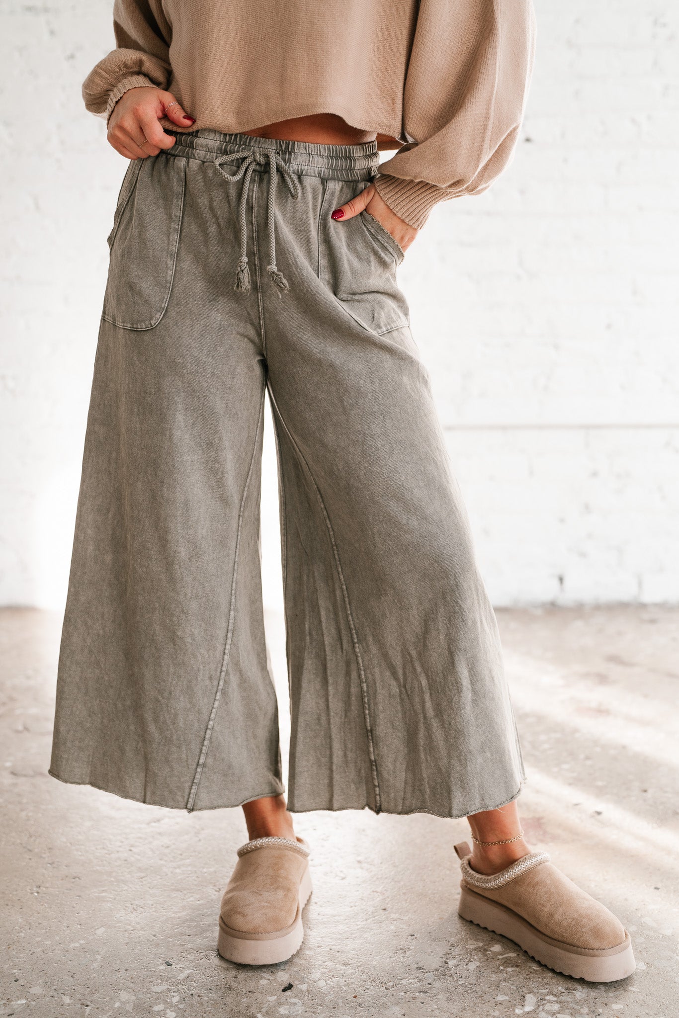 Can't Be Matched Mineral Wash Wide Leg Pants - Olive