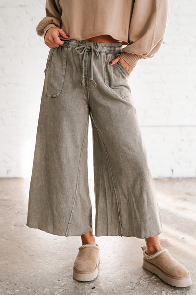 Can't Be Matched Mineral Wash Wide Leg Pants - Olive