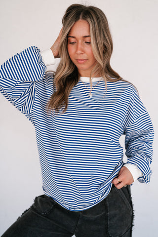 Fine Line Relaxed Striped Everyday Top - Royal Blue