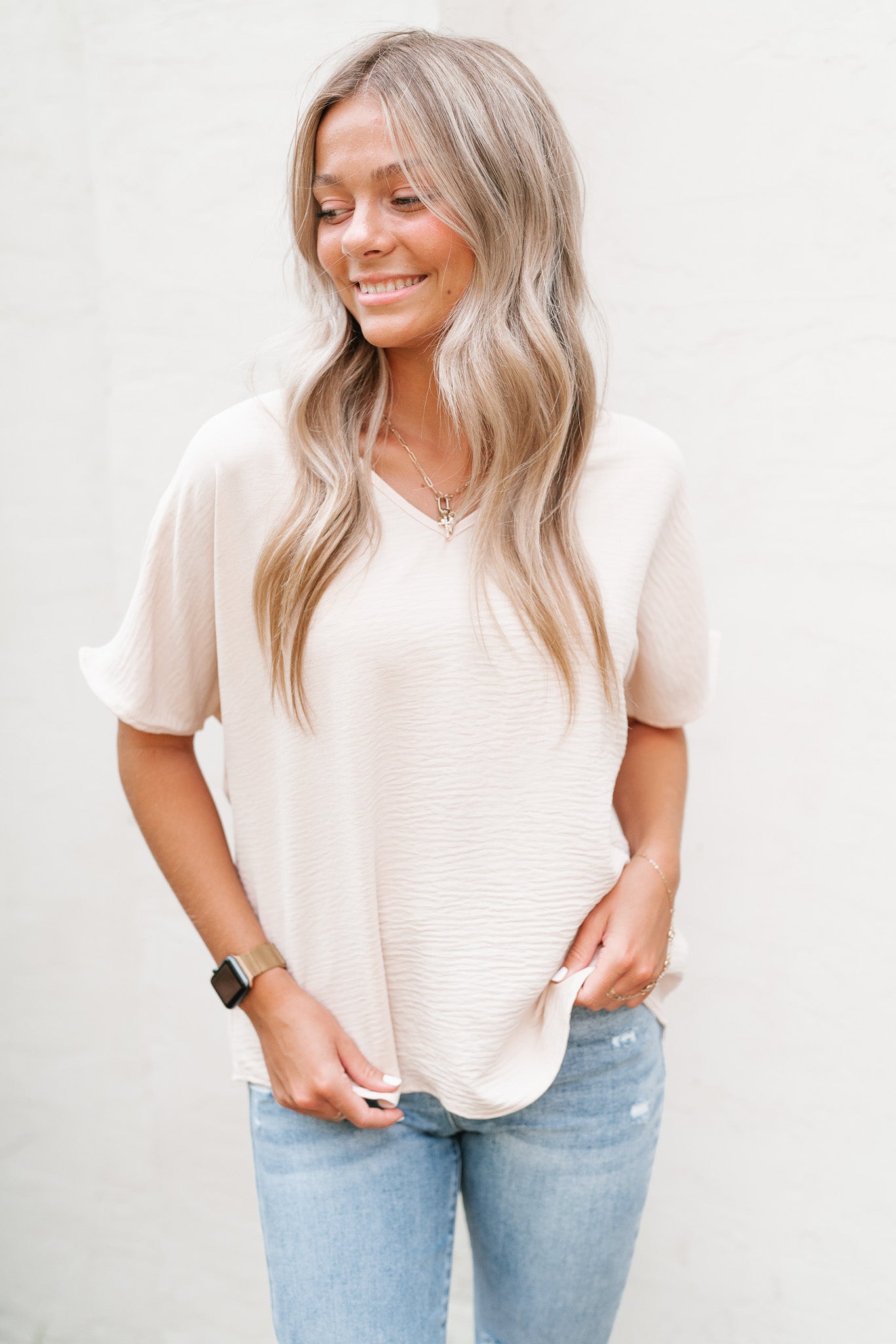 Simply Summer V-Neck Top- Oatmeal