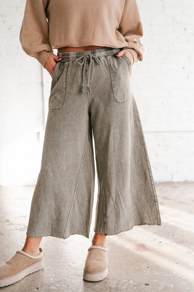 Can't Be Matched Mineral Wash Wide Leg Pants - Olive