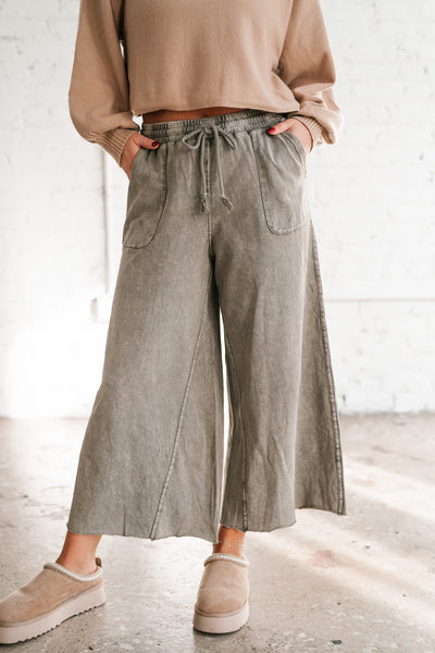 Can't Be Matched Mineral Wash Wide Leg Pants - Olive