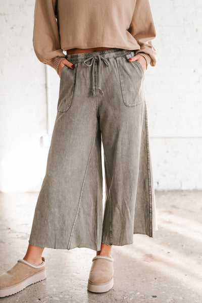 Can't Be Matched Mineral Wash Wide Leg Pants - Olive