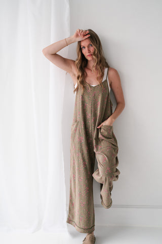 Blossom Trail Floral Wide Leg Jumpsuit - Moss