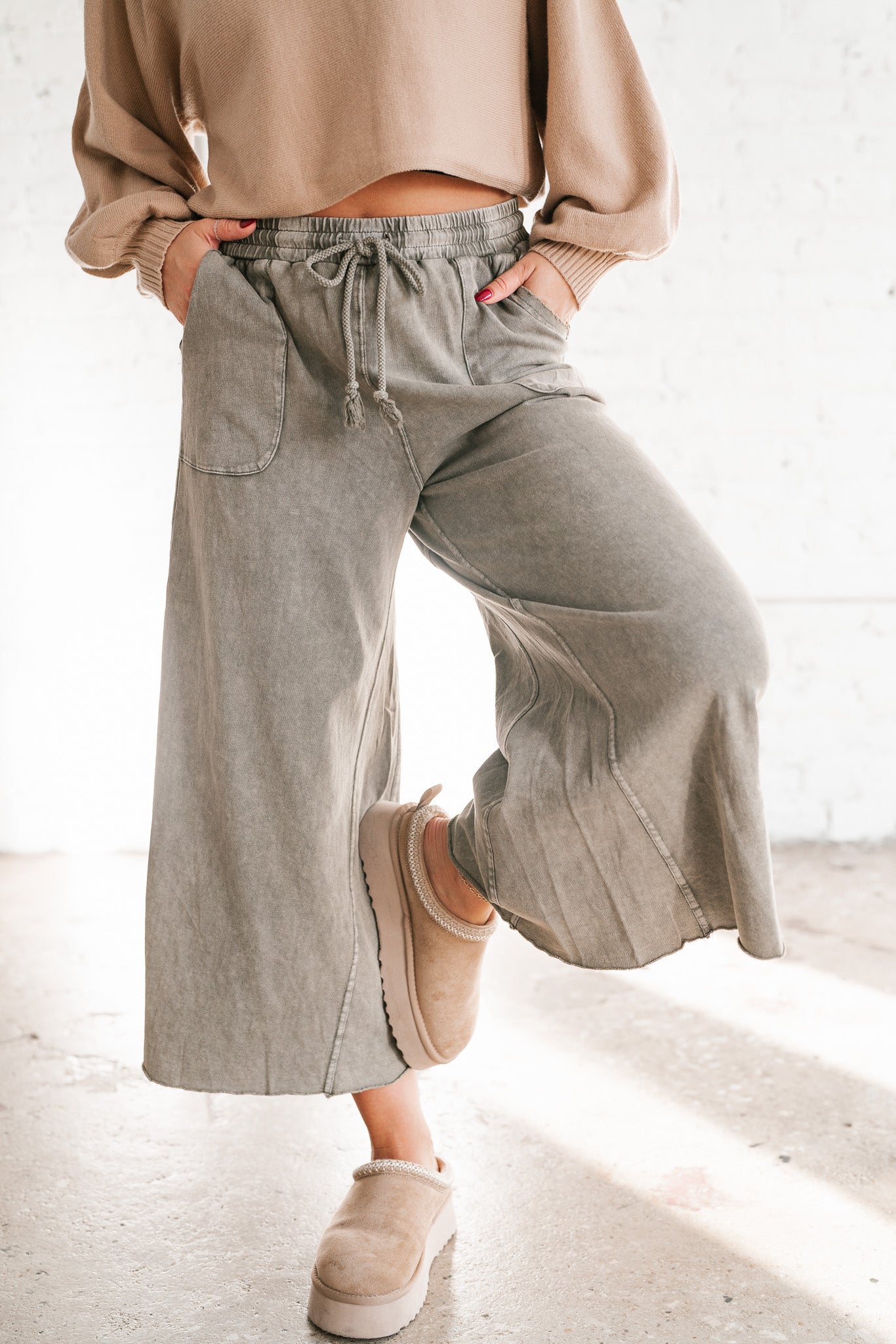 Can't Be Matched Mineral Wash Wide Leg Pants - Olive