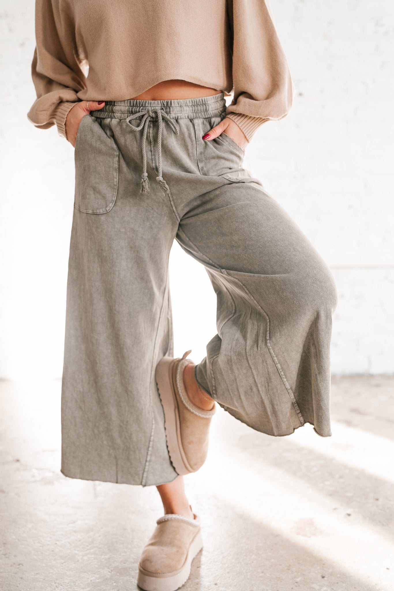 Can't Be Matched Mineral Wash Wide Leg Pants - Olive