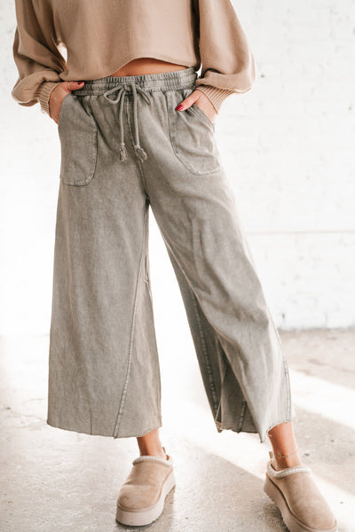 Can't Be Matched Mineral Wash Wide Leg Pants - Olive